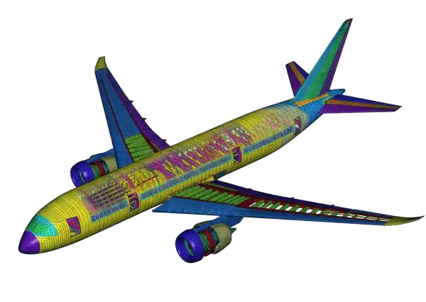 Finite element mesh model of a commercial aircraft, from an FAA-published research paper, colored by structural component, used for damage tolerance analysis
