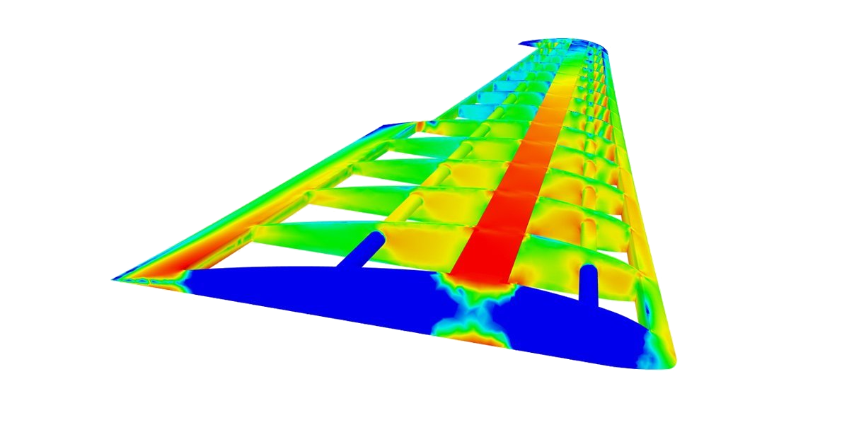 Finite element stress analysis model of an aircraft wing structure, from an FAA-published research paper, showing spar and rib load distribution